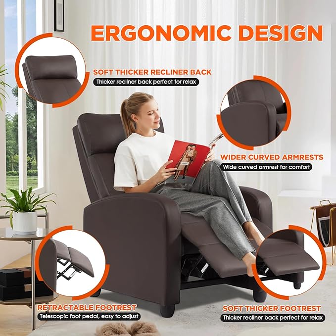BestMassage | Recliner Chair | with 2 Point Massage Function | Pu Brown | with Lumbar Support Adjustable Push Back Footrest &amp Padded Seat | Easy Assembly | for Living Room Home Theatre