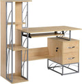 Modern Computer Desk with 4 Tier Bookshelf Home Office Writing Table Workstation with Tower Storage Shelves Keyboard Tray Lockable Drawers Natural