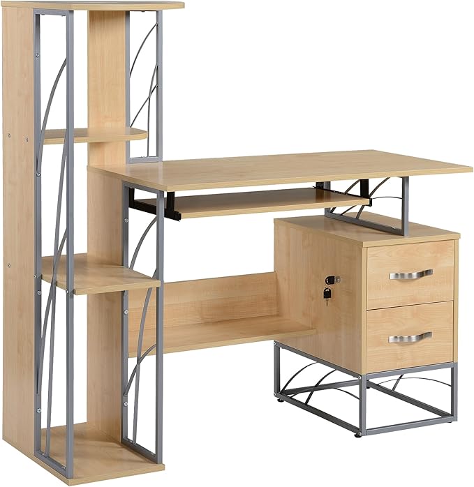 Modern Computer Desk with 4 Tier Bookshelf Home Office Writing Table Workstation with Tower Storage Shelves Keyboard Tray Lockable Drawers Natural
