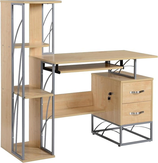 Modern Computer Desk with 4 Tier Bookshelf Home Office Writing Table Workstation with Tower Storage Shelves Keyboard Tray Lockable Drawers Natural