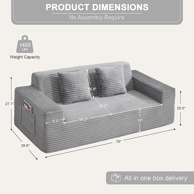 76 Cloud Loveseat Sofa Plush Corduroy Fabric 2 Seater Boneless couches Modern Small Couch for Living Room Comfy Deep Seat Sofa Apartment Office Small Spaces Light Grey