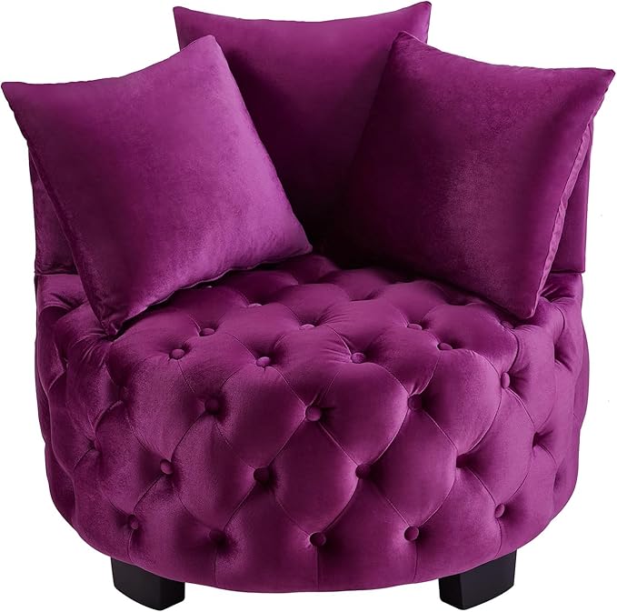 Velvet Accent Lounge Chair - 31.25''W Upholstered Button Tufted Velvet Barrel Chair with 3 Pillows with Button Tufted Modern Round Club Chair Reading Sofa Chair (Violet)