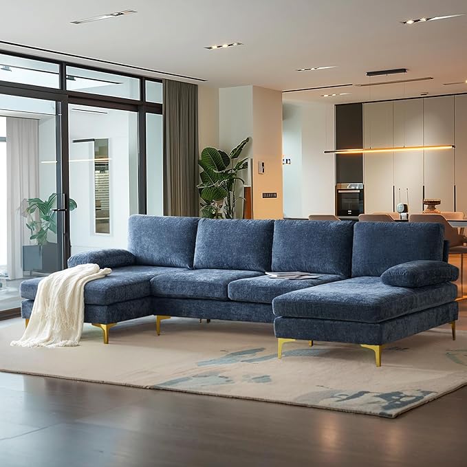 VINGLI 110 Large U-Shape Sectional Sofa Couch with 51 D Double Chaise for Living Room Modern Sectional Couch Set with Soft 5.9 Thickness Seating Padding Chenille FabricMetal Gold Legs(Blue)