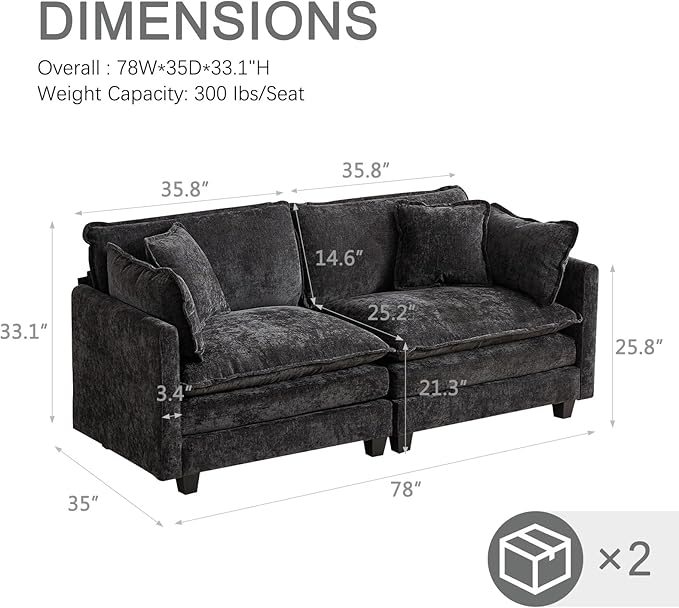 76.7” Modular Sectional Sofa Convertible Couches 2 Seater Chenille Deep Seat Cloud Couch Loveseat with Pillows for Living Room Apartment Office(Black)