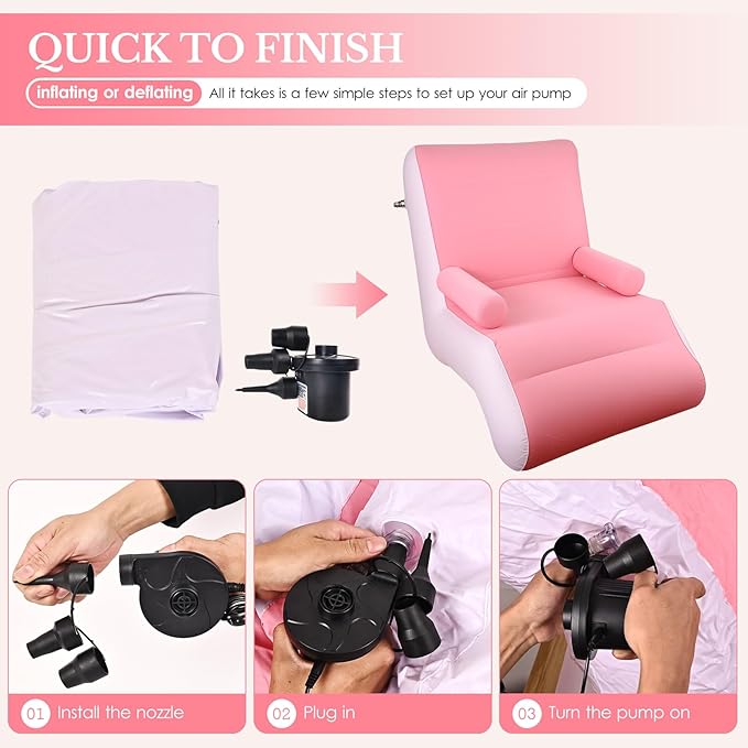 Inflatable Indoor Living Room Chair Lounge with Handrails Inflatable Foldable Deck Chair with Air Pump Outdoor Travel Camping Picnic Beach Chaise Lounges(Pink)