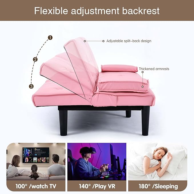 67 Futon Sofa BedConvertible Sofa Bed with 2 Cup HoldersSleeper Couch PVC Leather Removable Soft Armrest Small Couch for Living Room Apartments ﻿ (Pink)