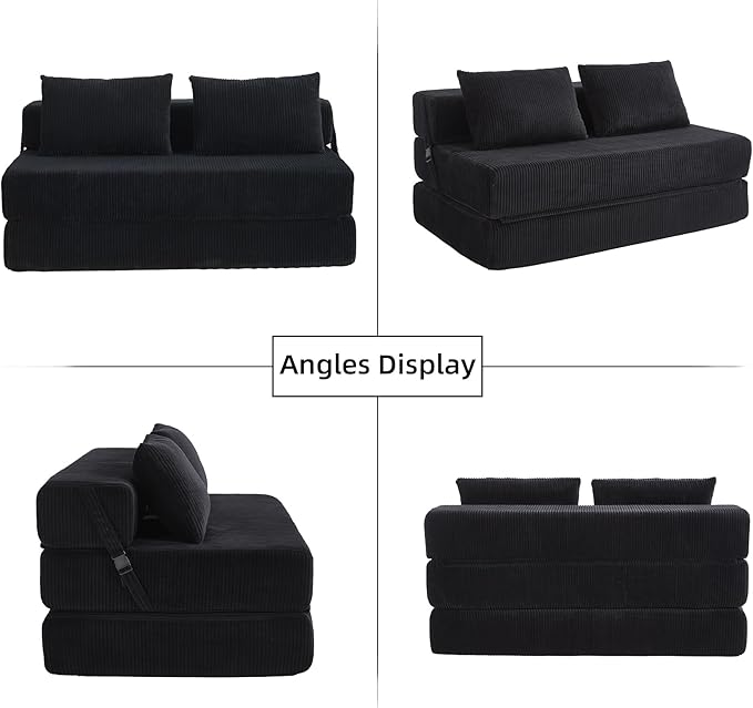 GNIXUU Fold Out Couch 3-in-1 Convertible Futon Sofa Bed with 2 Pillows Corduroy Foldable Floor Chair Boneless Loveseat Couches for Living Room Bedroom Small Spaces Black