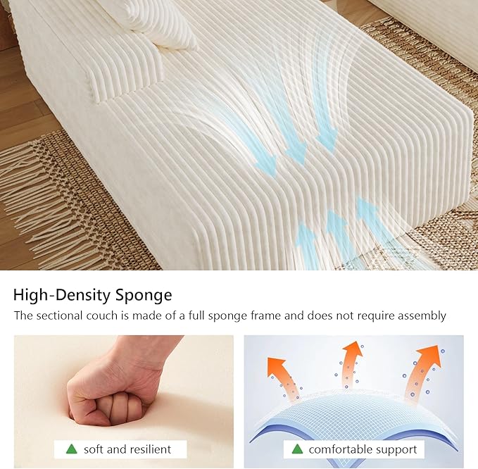Oversized 80 Double Chaise Lounge Chair Futon Sofa Bed Boneless Cloud Couch Sleeper Sofa Flannel Upholstered Floor Sofa Modular Sectional Loveseat with 2 Throw Pillow &amp Backrest Pillow White