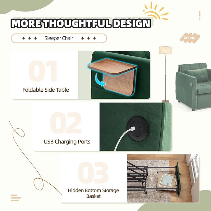 Convertible Sleeper Chair Bed for Adults Pull Out Chair Bed w/USB Port Foldable Table &amp Bottom Storage 4 in 1 Reclining Sleeper Sofa for Dorm/Bedroom Green