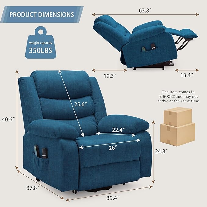 Oversized Power Lift Recliner for Elderly Extra Wide Electric Recliner Chairs with Massage and Heat Reclining Chair with Side Pockets Recliner for Living Room (Imitation Cashmere Blue)