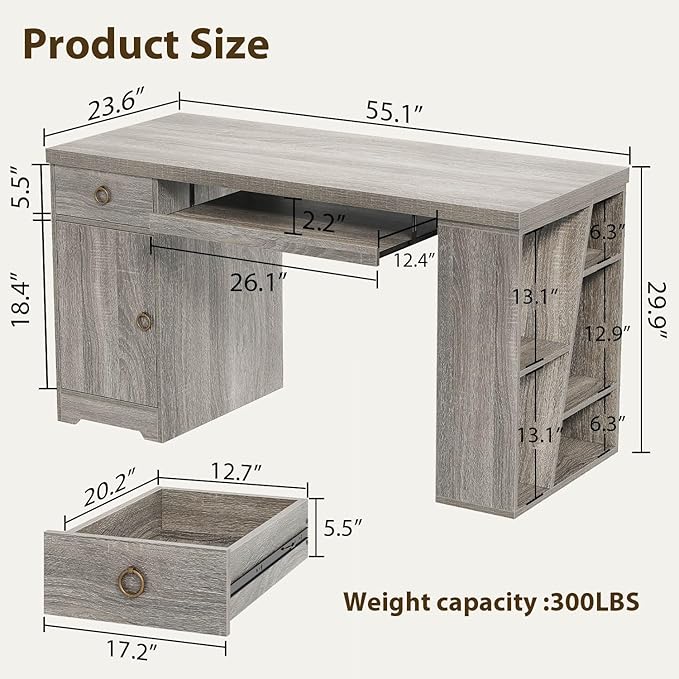 HSH 55 Office Computer Desk with Drawers Farmhouse Grey Executive Desk with Storage Shelves and Cabinet Modern Wooden Computer Table Teacher Desks with Keyboard Tray for Home Writing Work Study