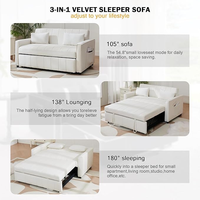 Convertible Sofa BedVelvet Sleeper Sofa Bed with Side Pockets 3 in 1 Pull Out Couch with Adjustable Backrest for Living Room Bedroom Apartment White