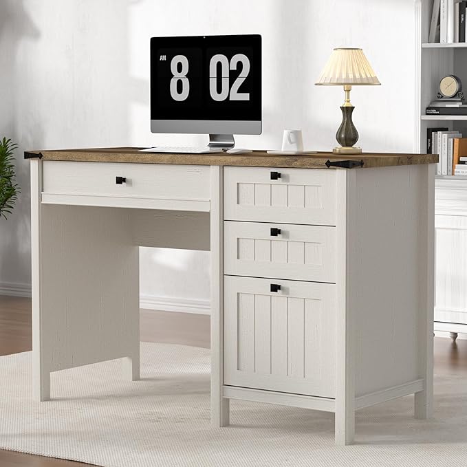 Executive Desk Farmhouse Computer Desk with Drawers &amp Cabinet Home Office Desk for Work Study Writing Workspace (Antique White 45)