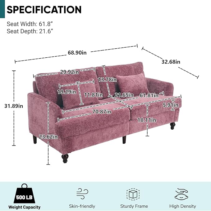 JOYBASE 70 inch Loveseat Sofa Mid-Century Modern Love Seat Couch with Wood Legs Upholstered Comfy Sofa for Living Room Apartment Office Bedroom (Wine Red Chenille)