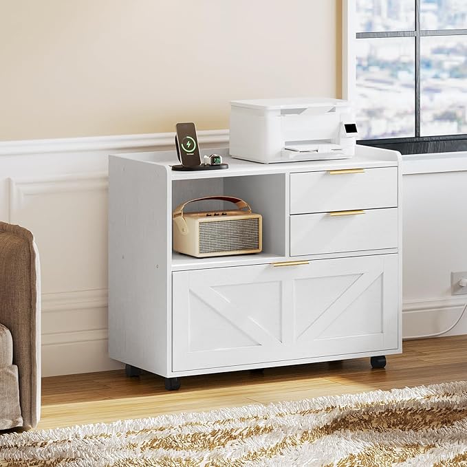 HOOBRO Lateral File Cabinet Wooden Office Storage Drawers with Charging Station Filing Cabinet for Home Office A4/Letter/Legal-Sized Files Printer Stand with Open Storage Spaces White WT37UWJ01
