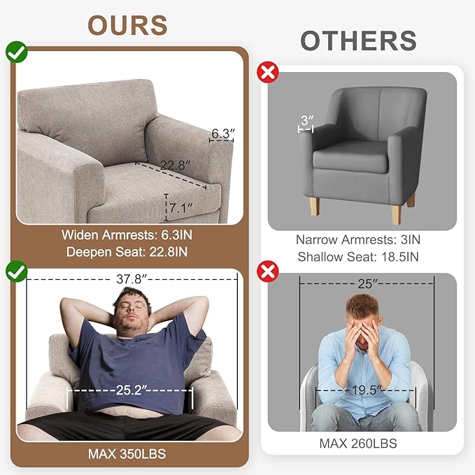Oversized Accent Chair Upholstered Living Room Chairs Single Sofa Chair w/Metal Legs Comfy Linen Fabric Reading Lounge Armchair for Apartment Bedroom Office Light Brown 2PCS
