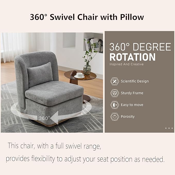 Swivel Accent Chair for Living Room25.2 Modern Chenille 360° Rotating Armless Chair with Metal BaseUpholstered Seat &amp PillowReading Chair for Office &amp Bedrooms (Gray)