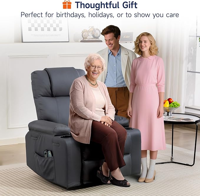 Brage Living Power Lift Recliner Chair for Elderly with Massage &amp Heat PU Leather Electric Recliner with 160° Adjustable Recline Stand Assist Remote Control Cup Holders &amp Side Pockets (Gra