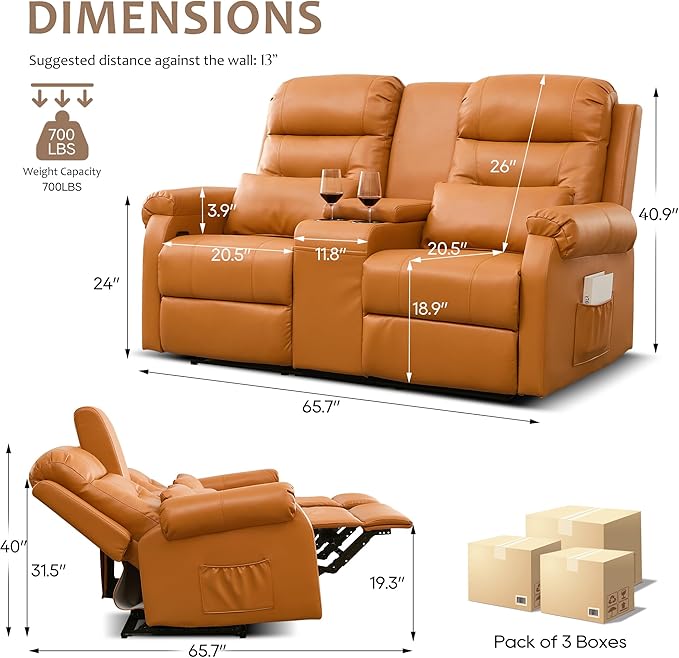 DRMBOOK RV Loveseat Recliner Sofa with Console Faux Leather Double Wall Hugger Reclining Couch Manual Movie Seating 2 Person Recliner Chair with Cup Holders/Storage/Pocket/Lumbar Pillow Orange