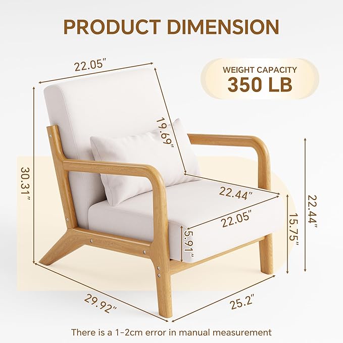 Solid Wood Accent Chair Mid-Century Modern Lounge Armchairs Fabric Upholstered Soft Comfy Living Room Chairs with Armrest Waist Cushion Pillow for Office Reading Waiting Room (Off-White)