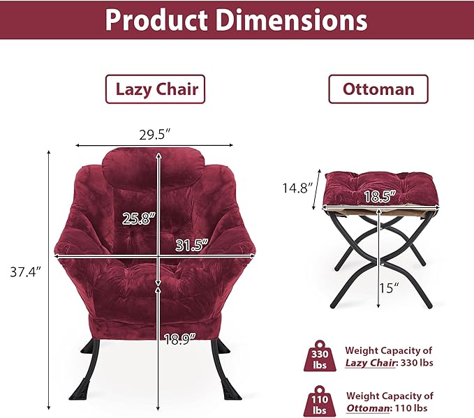 Lazy Chair with Folding Ottoman Accent Chair Plush Upholstered with Metal Structure and Non-Slip Pads Sofa Armchair with Footrest and Side Storage Bag for Dorm Room Office Rose Red