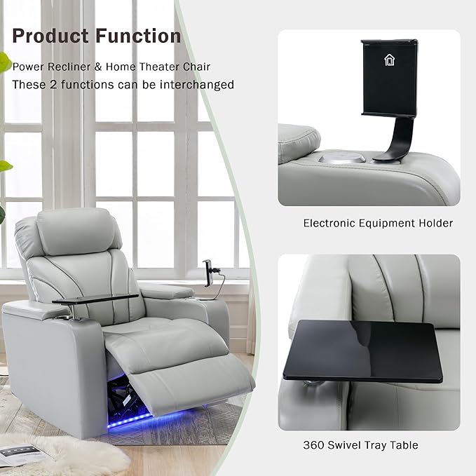 Power Motion Recliner Electric Power Recliner with Hidden Arm Storage Cup Holder Phone Holder Tray Table Faux Leather Rocker Chair for Small Spaces (Light Grey/78)
