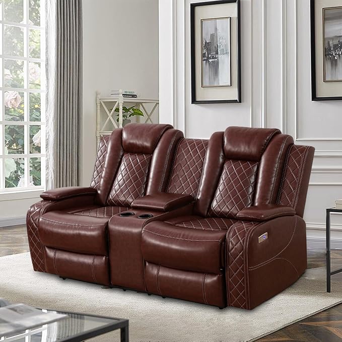 Power Recliner Loveseat Air Leather Reclining Couch with LED/Cup Holders/Storage 2-Seater Reclining Sofa Burgundy Leather Couch for House/Apartment/Office