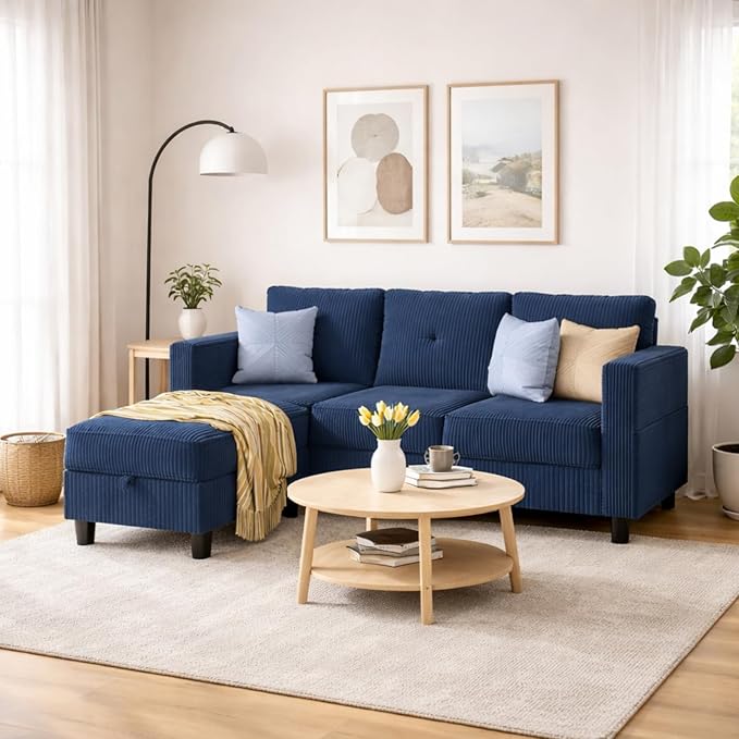 JAMFLY Convertible L-Shaped Sectional Sofa with Reversible Storage Ottoman 3-Seat Couch with Side Pockets Modern Compact Furniture for Small Apartments Studios &amp Lofts Blue