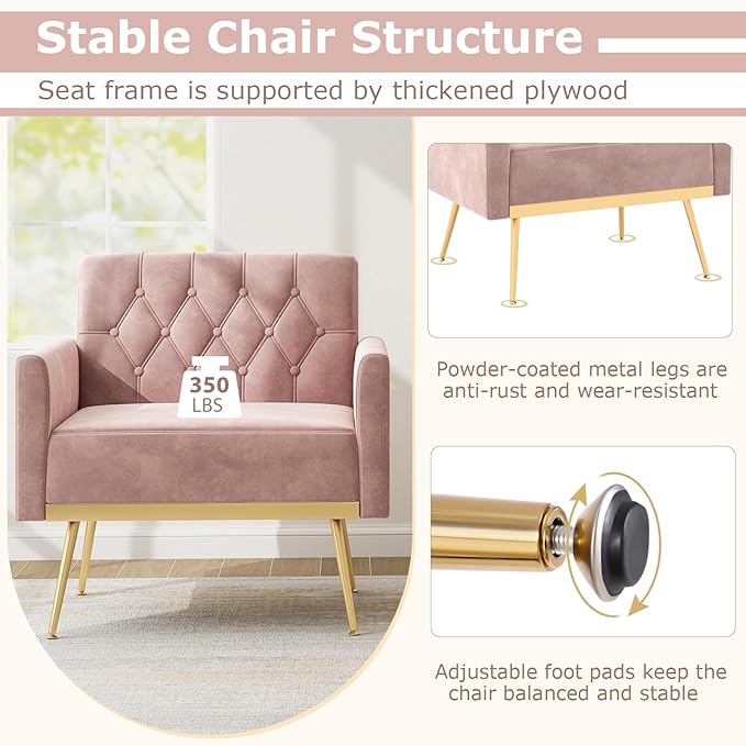 Modern Accent Chairs for Living Room Mid-Century Velvet Upholstered Arm Chair w/Gold Metal Legs Comfy Reading Armchair Tufted Single Sofa Chair Couch for Bedroom Office (1Pink)