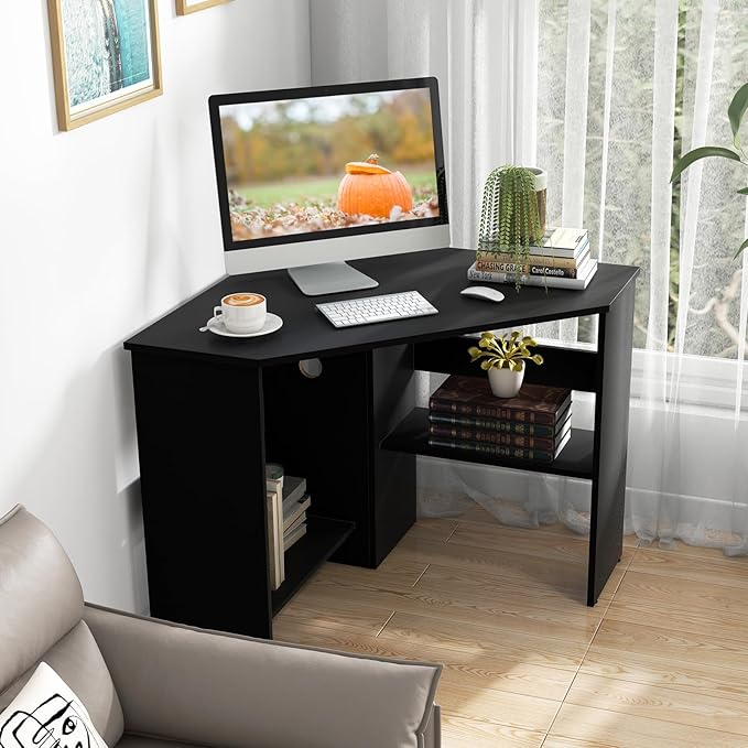 GOFLAME Corner Desk with Storage Shelves Triangular Computer Desk with Cable Management Holes Laptop Workstation for Small Space Makeup Vanity Desk for Living Room Study Black