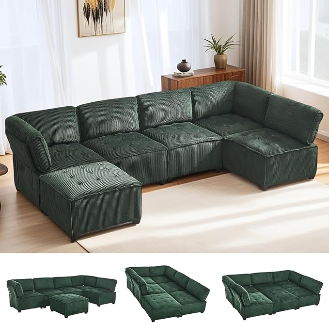 121 U Shaped Modular Sectional Sofa Couch 6 Seat Convertible Upholstered Deep Seat Sleeper Sofa with Chaise Lounge Cloud Couch for Living Room Green