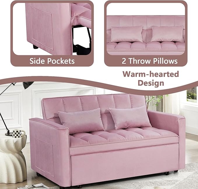 54 Convertible Sofa Bed Velvet Sleeper Sofa with Pull-Out Bed 3-in-1 Futon Couch with Reclining Backrest and Side Pocket Modern Loveseat for Living Room (Pink)