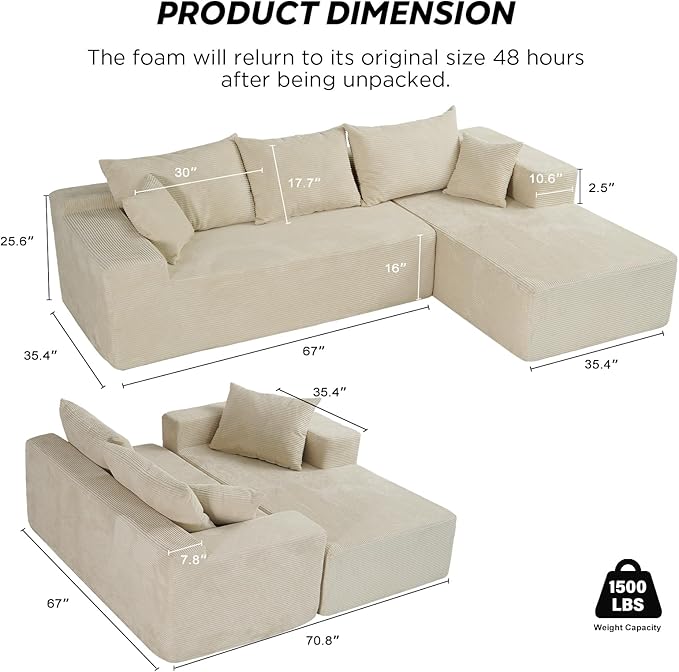 103” Cloud Sectional Couch with L-Shape ChaiseModern Modular Sofa with Deep Seat Upholstered Couches for Living Room BedroomNo Assembly Required Beige (Right Facing Chaise)