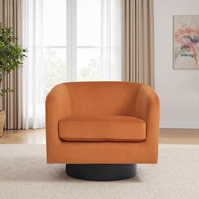 Swivel Barrel Accent Chair Modern 360° Swivel Round Barrel Chairs with Curve Back Upholstered Velvet Fabric Armchair Single Sofa Club Chair for Living Room Bedroom Orange