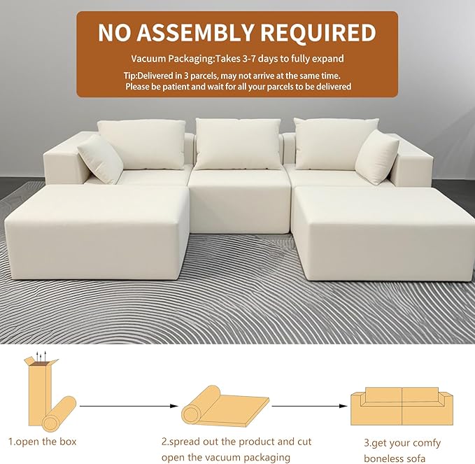 Modern Modular Sectional Sofa 110 Inch Comfy 3 Seater U-Shaped Cloud Couch with 2 Movable Ottomans Chenille Boneless Sofa Couch with Deep Seat for Living RoomNo Assembly RequiredWhite