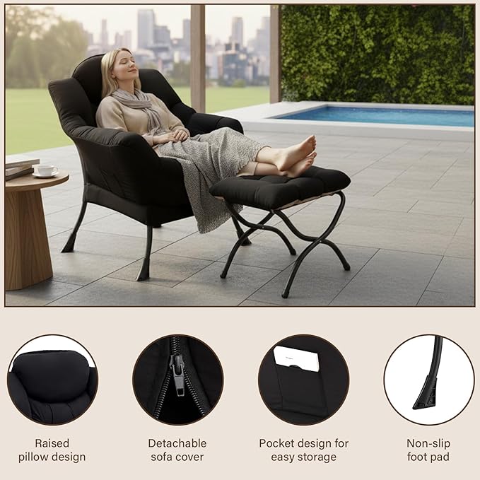Welnow Lazy Chair with Ottoman Modern Accent Chair with Armrests and a Side Pocket Leisure Sofa Armchair Set Reading Armchair with Footrest for Small Space Black
