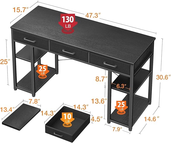 ODK Office Small Computer Desk: Home Table with Fabric Drawers &amp Storage Shelves Modern Writing Desk Black 48x16