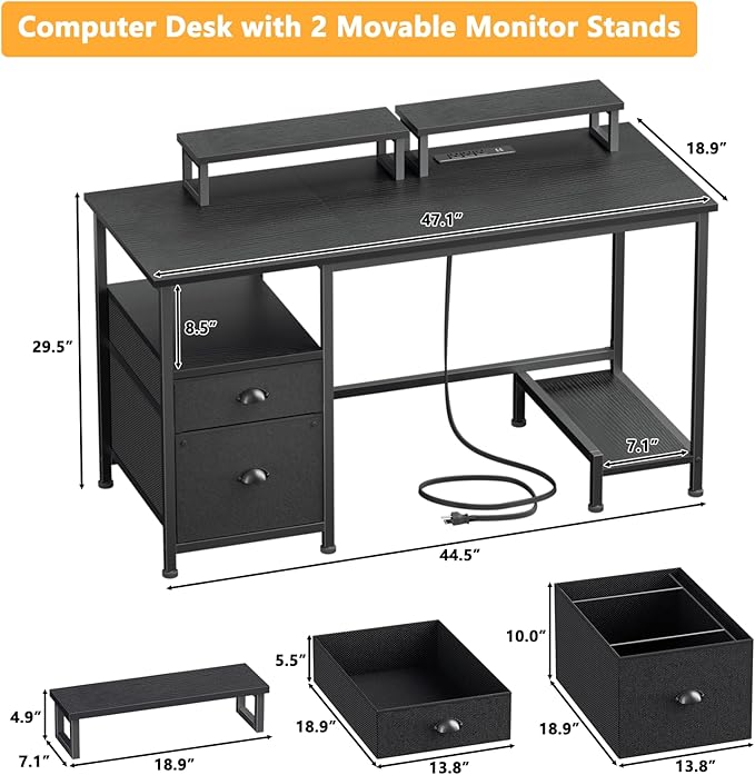 Furologee 47 Computer Desk with File Cabinet and Power Outlets Home Office Desk with 2 Monitor Stands and Storage Drawer Gaming Table with Shelves and 2 Hooks for Bedroom Black