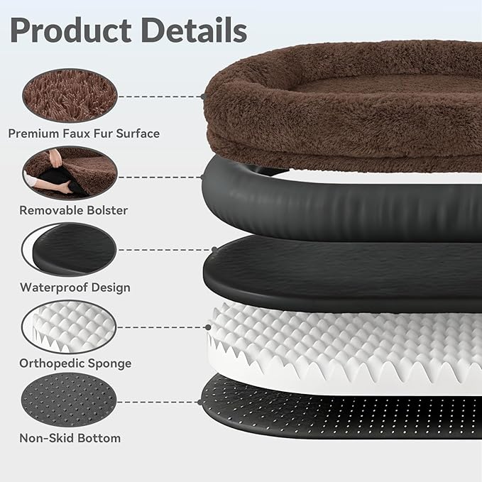 71x44x12.5 Human Dog Bed for Adult Faux Fur Washable Human Dog Bed Portable Handle Egg Orthopedic Foam Human Bed Extra Large with Present Blanket Brown