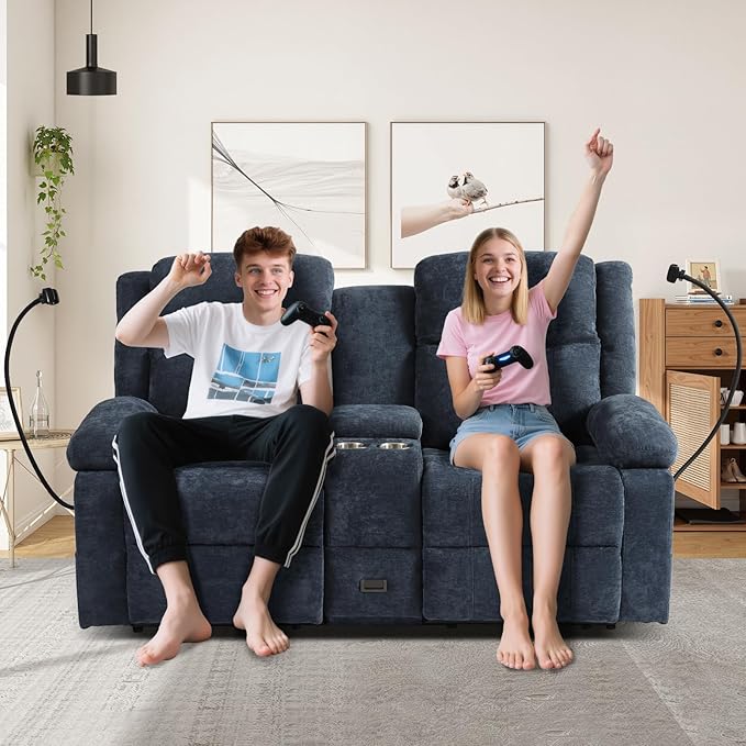 Manual Reclining Loveseat Sofa with 360°Adjustable Phone Holder Center Console Storage with Type-C Charging &amp USB Adjustable Headrest Cupholders Hidden Storage Drawer Living Room Home Theate