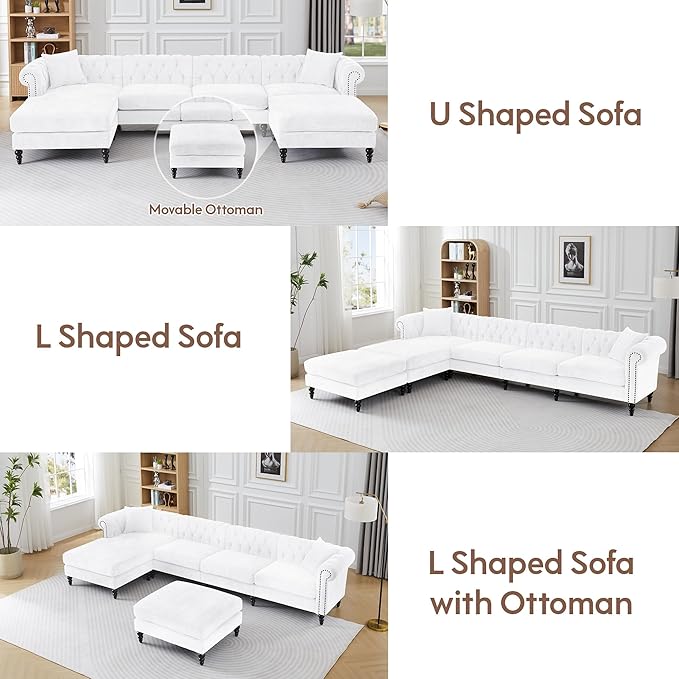 ORRD U Shaped Chesterfield Sofa Oversized Sectional Linen Couch Chaise Ottoman Sofa Upholstered Accent Tufted Couch with Rolled Armrest and Nailhead Design for Living Room Office - White
