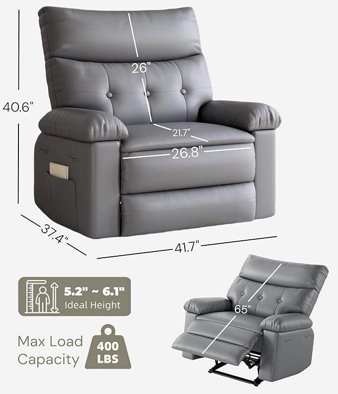 GarveeHome Oversized Wide Recliner Chair - Faux PU Leather Large Manual Recliner for Adults Exceptional Comfort Lazy Chair with 1.5X Sponge Filling and Easy Recline Mechanism for Relaxation