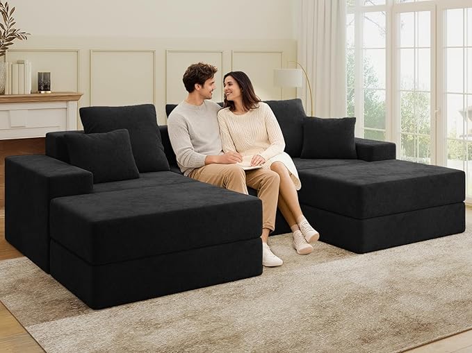 Living&ampGiving 101 U-Shaped Cloud Sectional Couch for Living Room Cloud Boneless Couch-No Assembly with Reversible Chaise Customizable 3-Seat Modular Sectional Sofa with 2 Ottoman Black