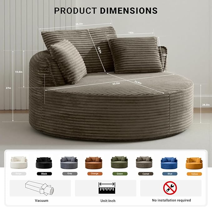 Oversized Round Lounge Chair Indoor Corduroy Upholstered Deep Seat Cloud Circle Sofa Chair Fluffy Boneless Sleeper Chair for Reading &amp Lounging No Assembly Required (Camel)