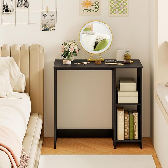 Black Computer Desk Modern Writing Desk with Storage Shelves Compact Gaming Table Wood Home Office Desks Small Desk for Bedroom Living Room Study (Black)