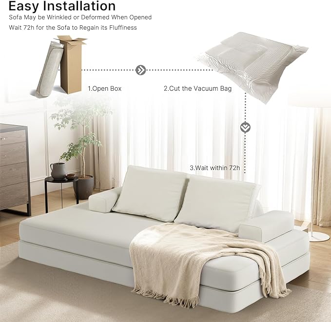 87 Folding Sofa Bed King Size Convertible Sleeper Sofa with Movable Backrest Foldable Futon Floor Couch Bed Chenille Boneless Couches for Living Room(White)