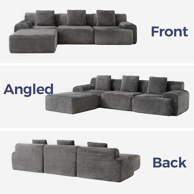 VK·LIVING 113 Cloud Sectional Couch Deep Seat Boneless Sofa with Wide Armrests 16.5'' Height Modular Plush Corduroy Memory Foam Couch for Living Room Office No Assembly Dark Gray