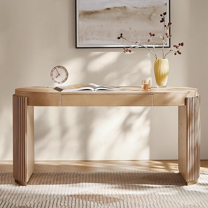 HULALA HOME 60 Modern Executive Desk with Storage Writing Desk with Fluted Legs Home Office Desk with Charging Station Oak