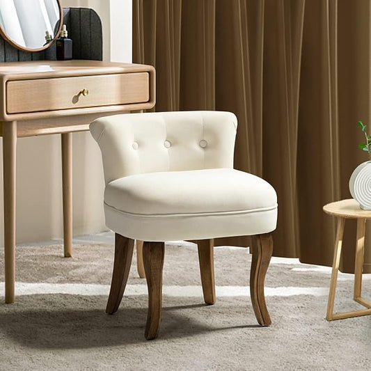 HULALA HOME Velvet Vanity Stool with Low Back Modern Vanity Chair with Solid Wood Legs Small Upholstered Makeup Chair Home Decor for Bedroom Living Room Dressing Table Women Girls Ivory