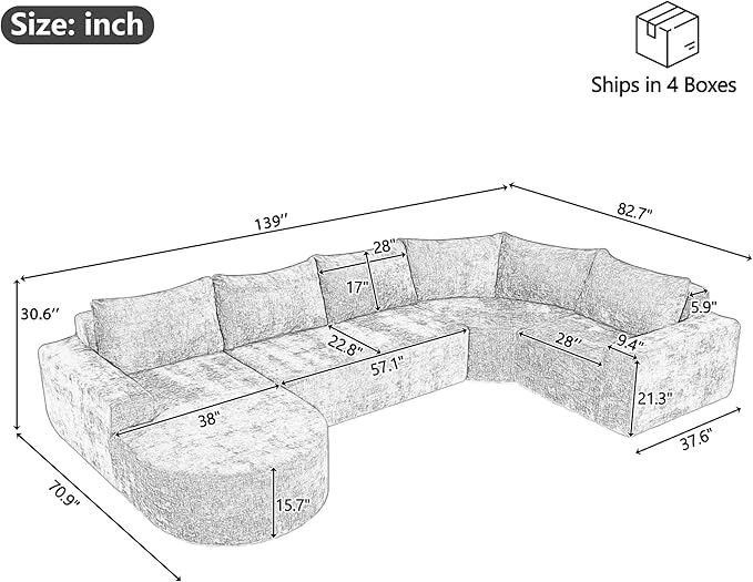 Merax 141.7 Modular Sponge Sofa Cloud Sectional CouchOversized U-Shaped with Deep Seat for Living Room